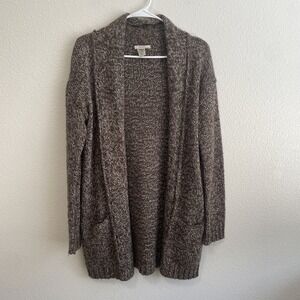 Sophie Max Duster Cardigan Open Front Knit‎ Pockets Brown White Cozy Size S